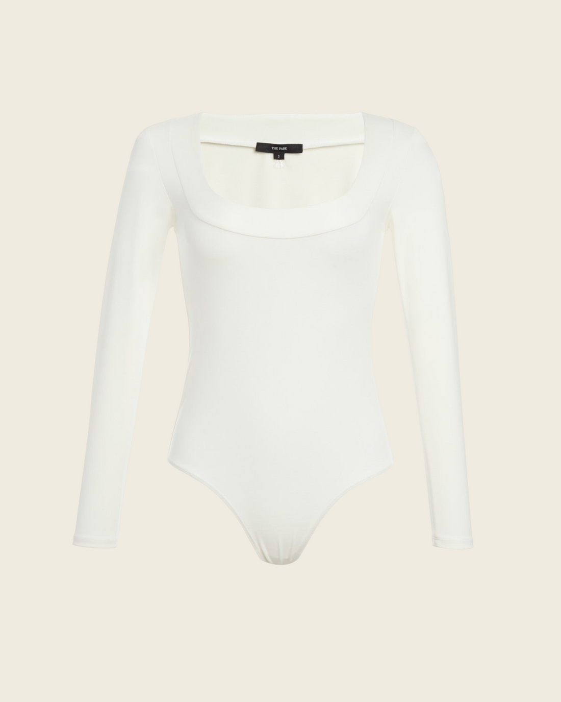 Weldun The Park white Maranda long-sleeve bodysuit with a structured scoop neckline and flexible compression fabric.