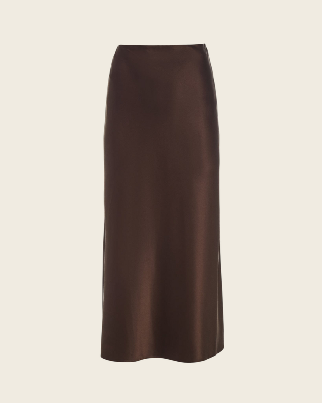 Weldun Max Skirt in dark brown stretch silk with a fluid bias-cut silhouette and comfortable elastic waistband.