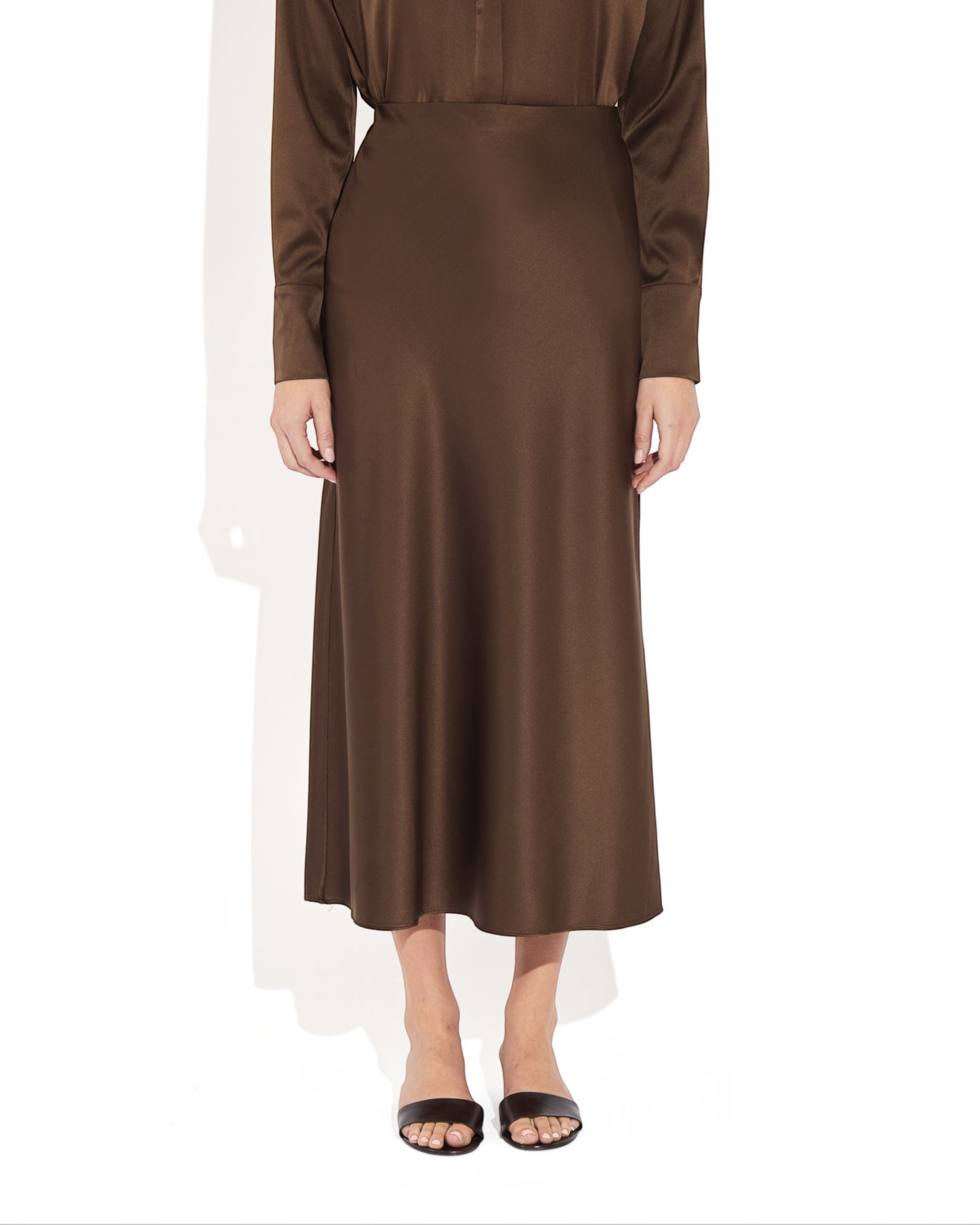 Weldun Max Skirt in dark brown stretch silk with a fluid bias-cut silhouette and comfortable elastic waistband.