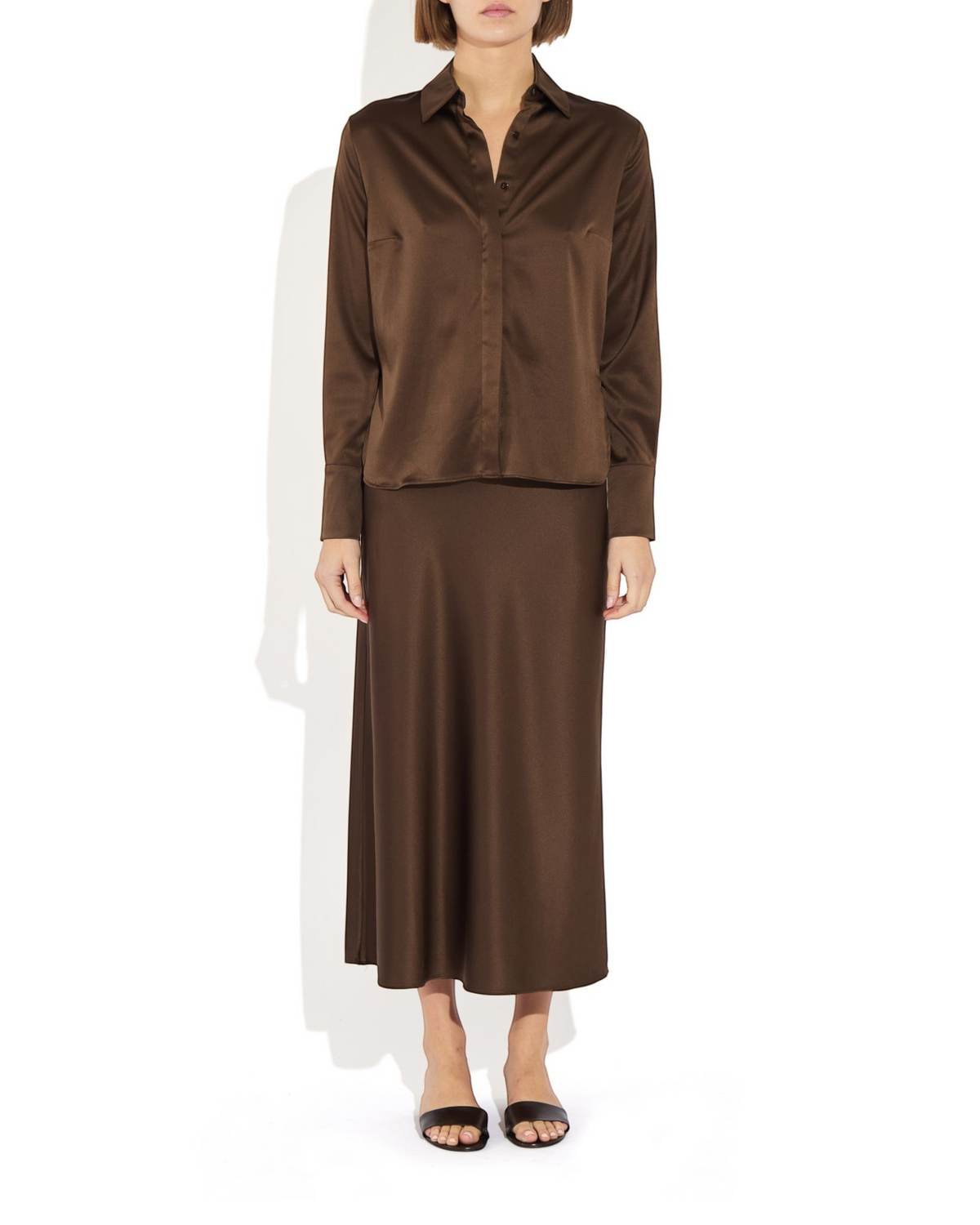 Weldun Max Skirt in chocolate brown stretch silk with a fluid bias-cut silhouette and comfortable elastic waistband.