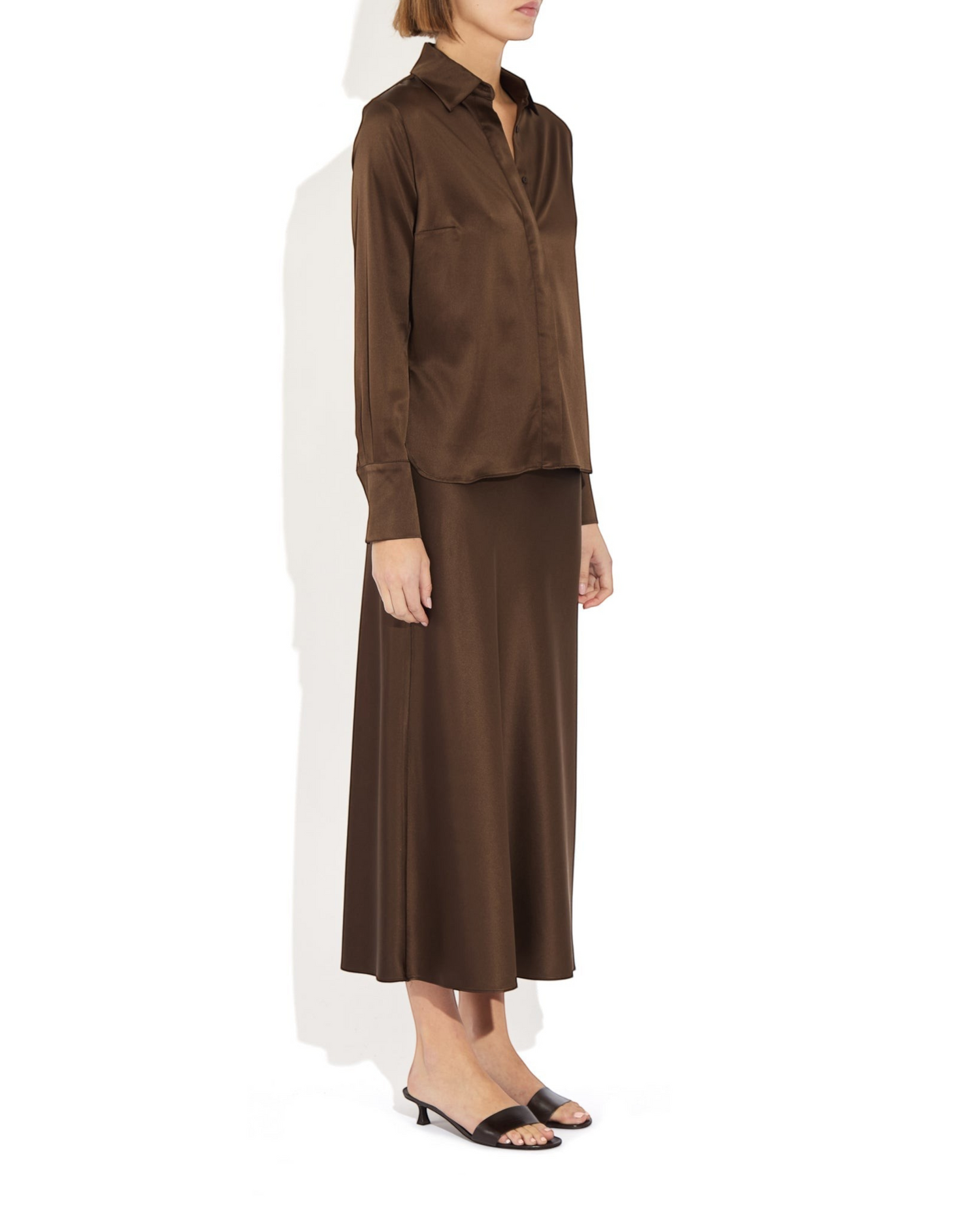 Weldun Max Skirt in dark brown stretch silk with a fluid bias-cut silhouette and comfortable elastic waistband.