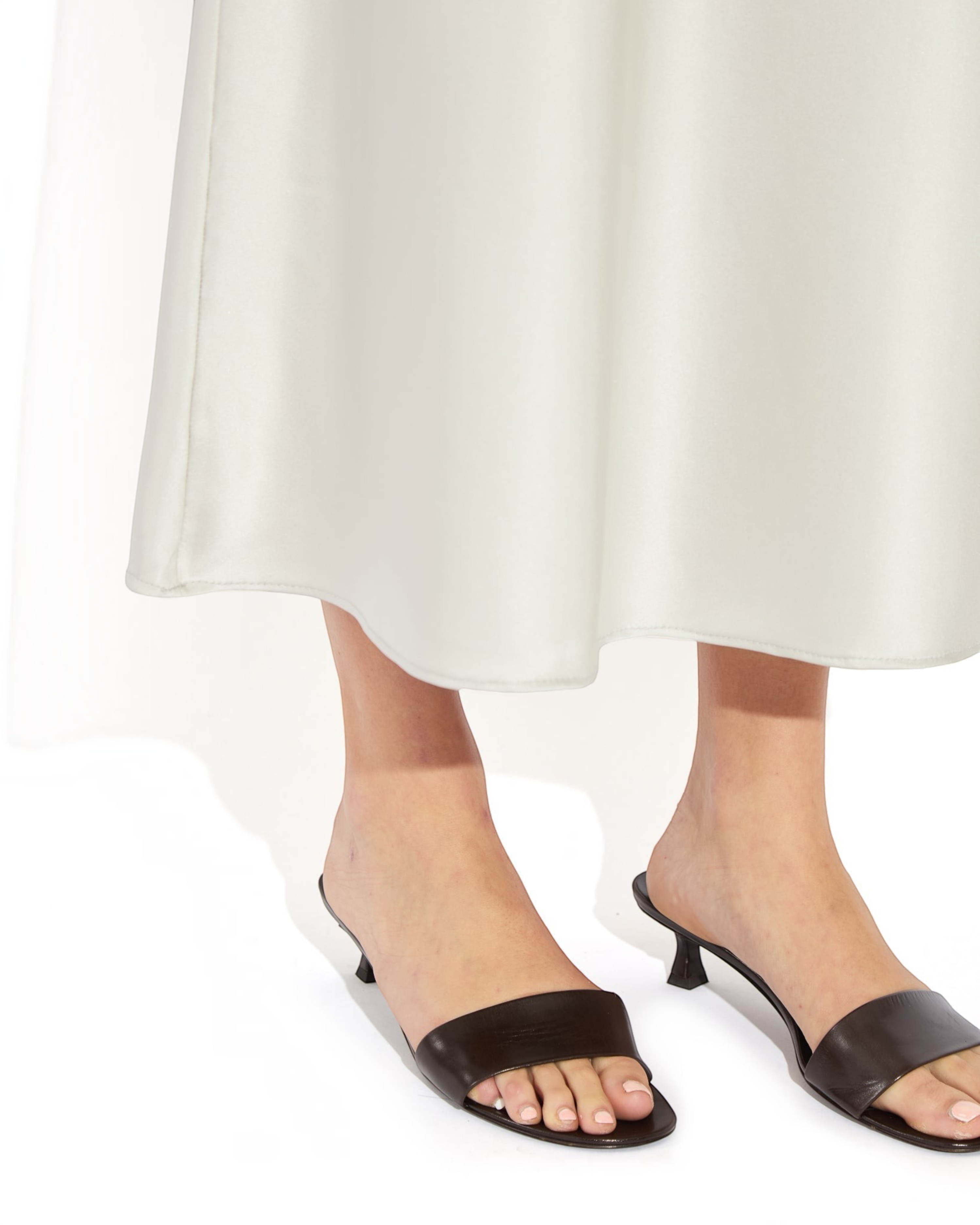 Weldun Max Skirt in light grey stretch silk with a fluid bias-cut drape and comfortable elastic waistband