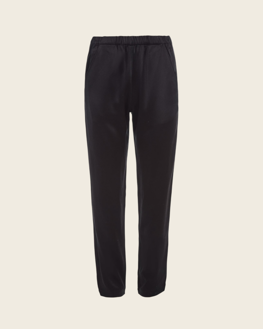 Weldun Rebecca Jogger in black mulberry silk with an elastic waistband, tapered leg, and side pockets.