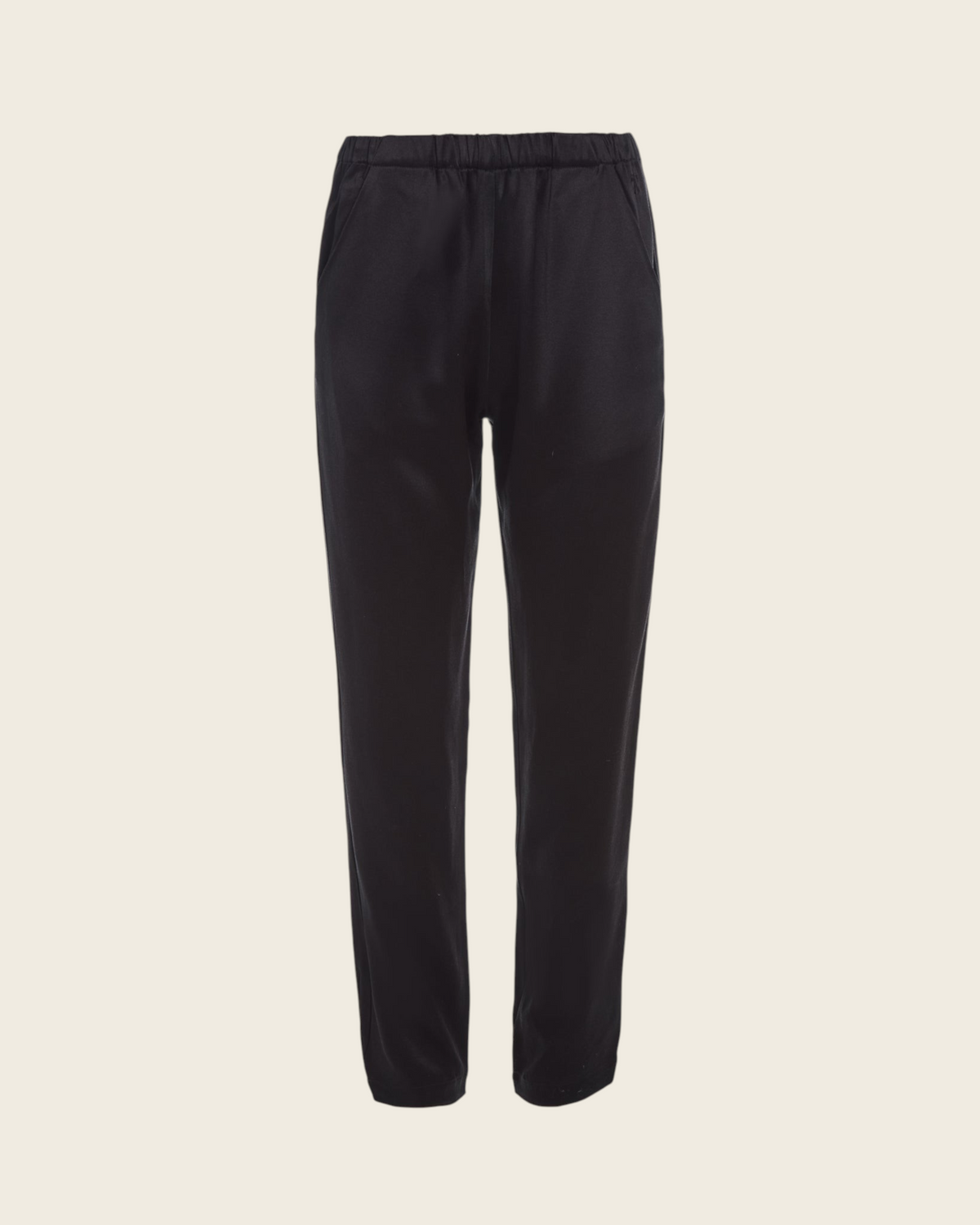 Weldun Rebecca Jogger in black mulberry silk with an elastic waistband, tapered leg, and side pockets.