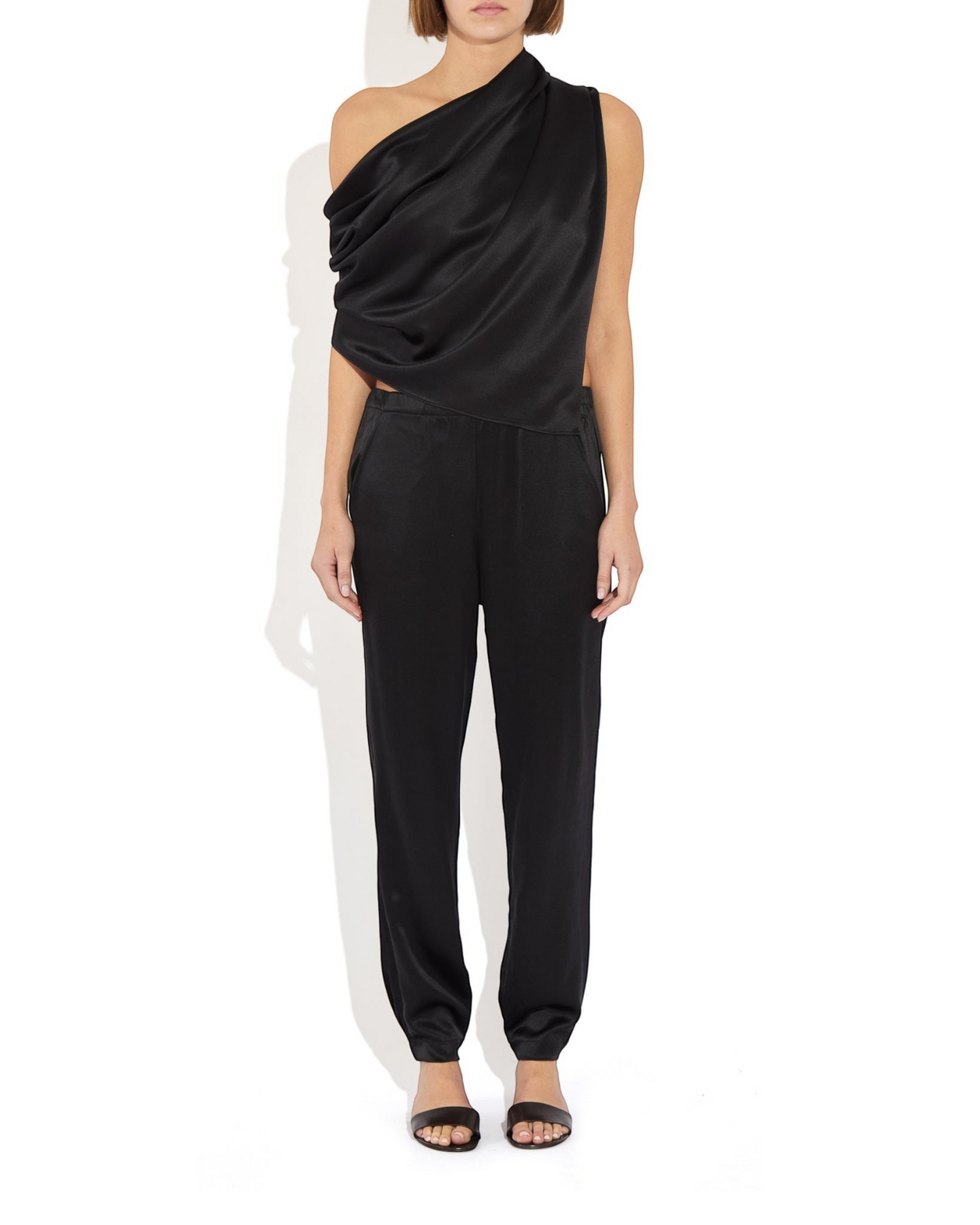 Weldun Rebecca Jogger in black mulberry silk with a tapered leg, elastic cuffs, and a relaxed, fluid fit.