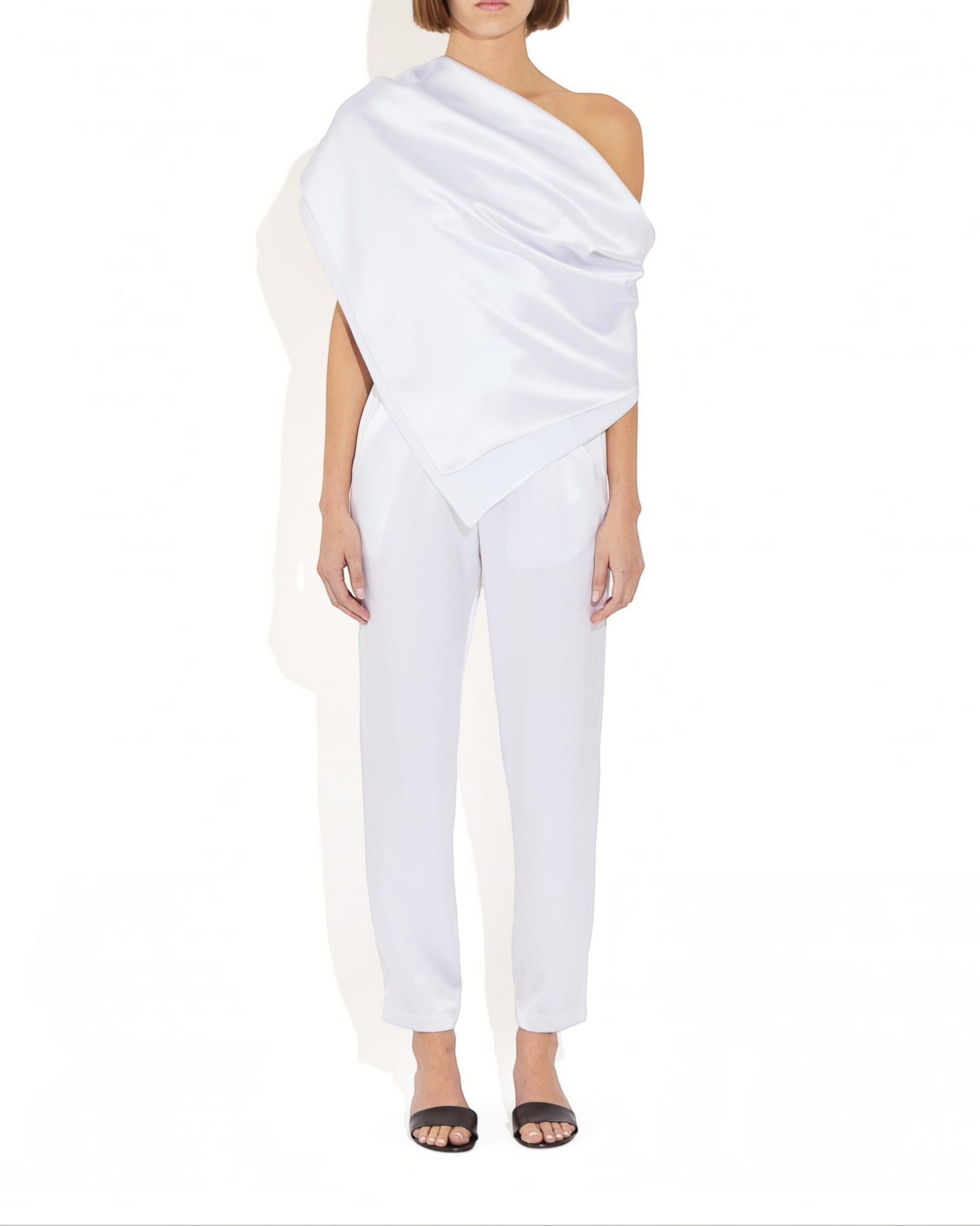 Weldun Rebecca Jogger in white mulberry silk with a tapered leg, elastic cuffs, and a relaxed, comfortable fit.
