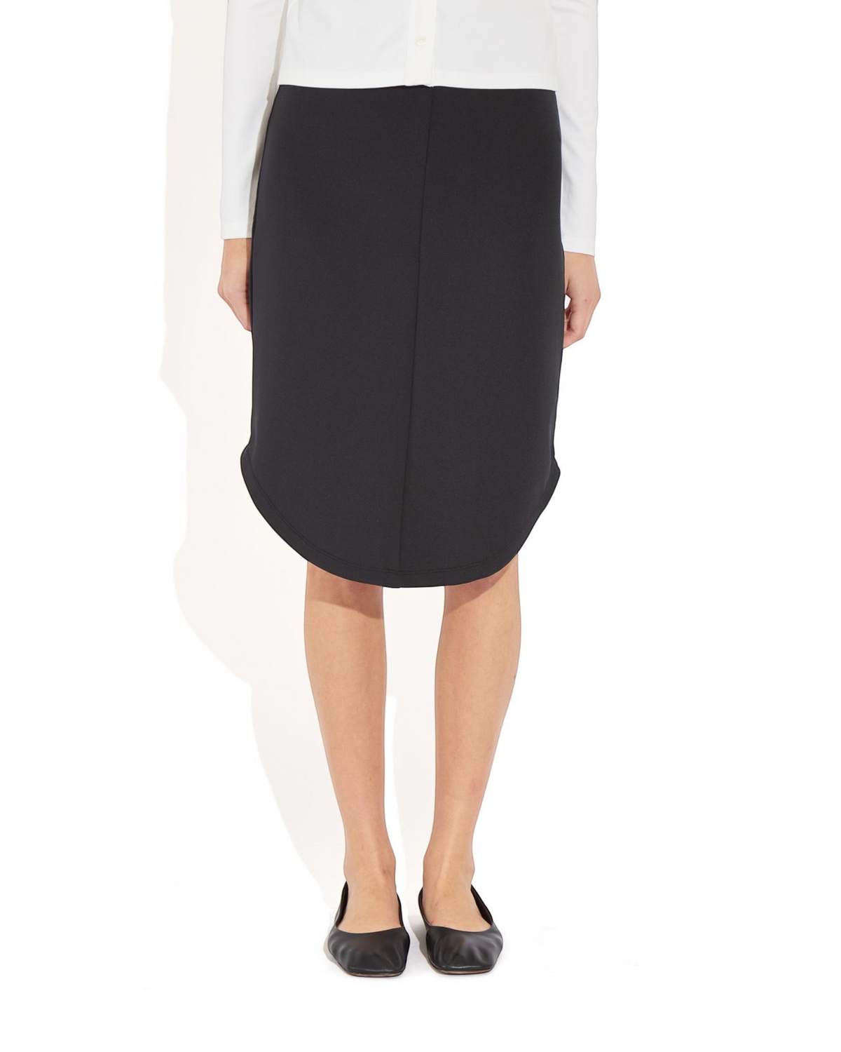 Weldun Rose Skirt in black stretch recycled-poly blend with a sculptural rounded hem and pencil silhouette