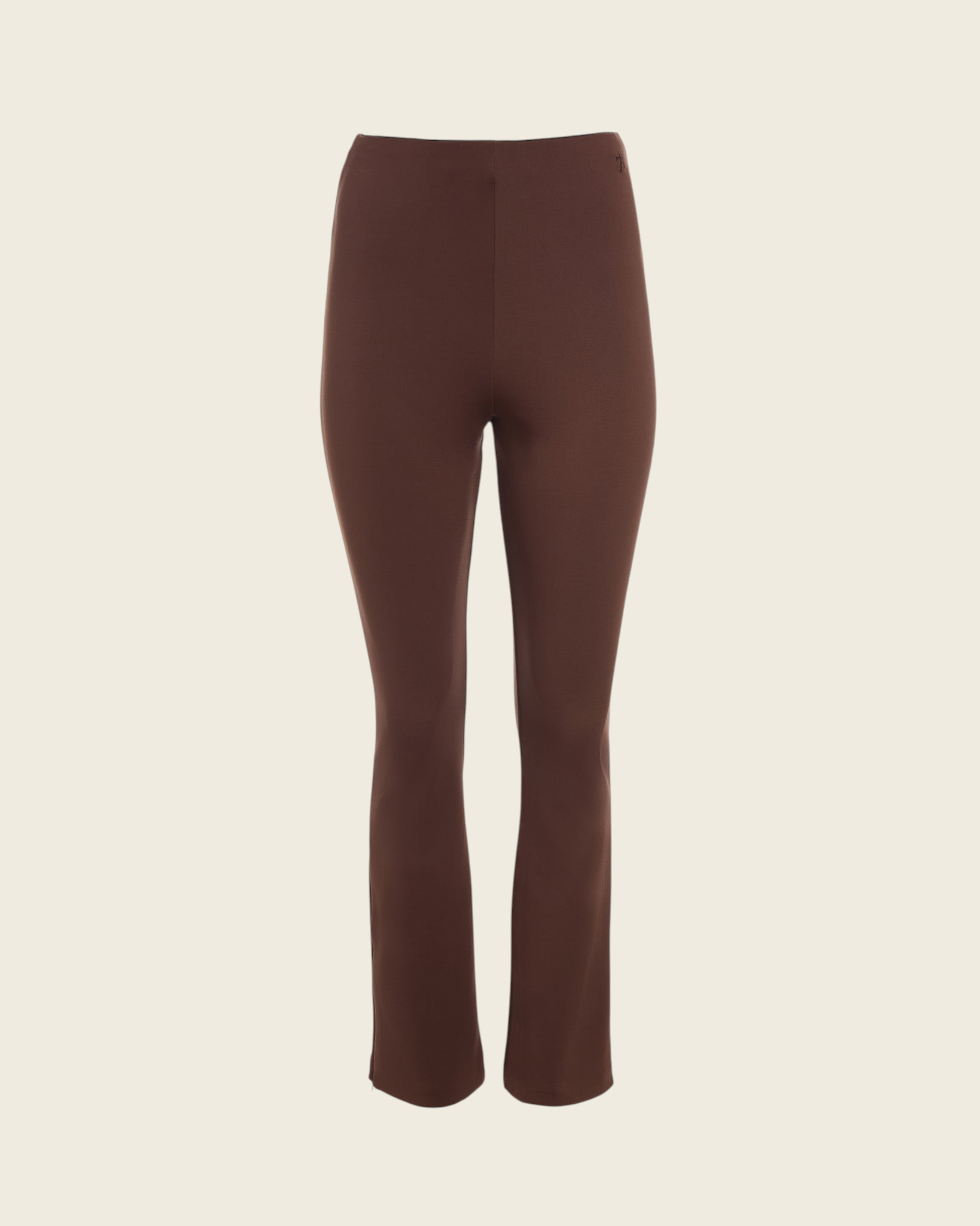 Weldun Sarah pull-on pants in dark brown recycled polyester with an elastic waistband and side hem zippers.