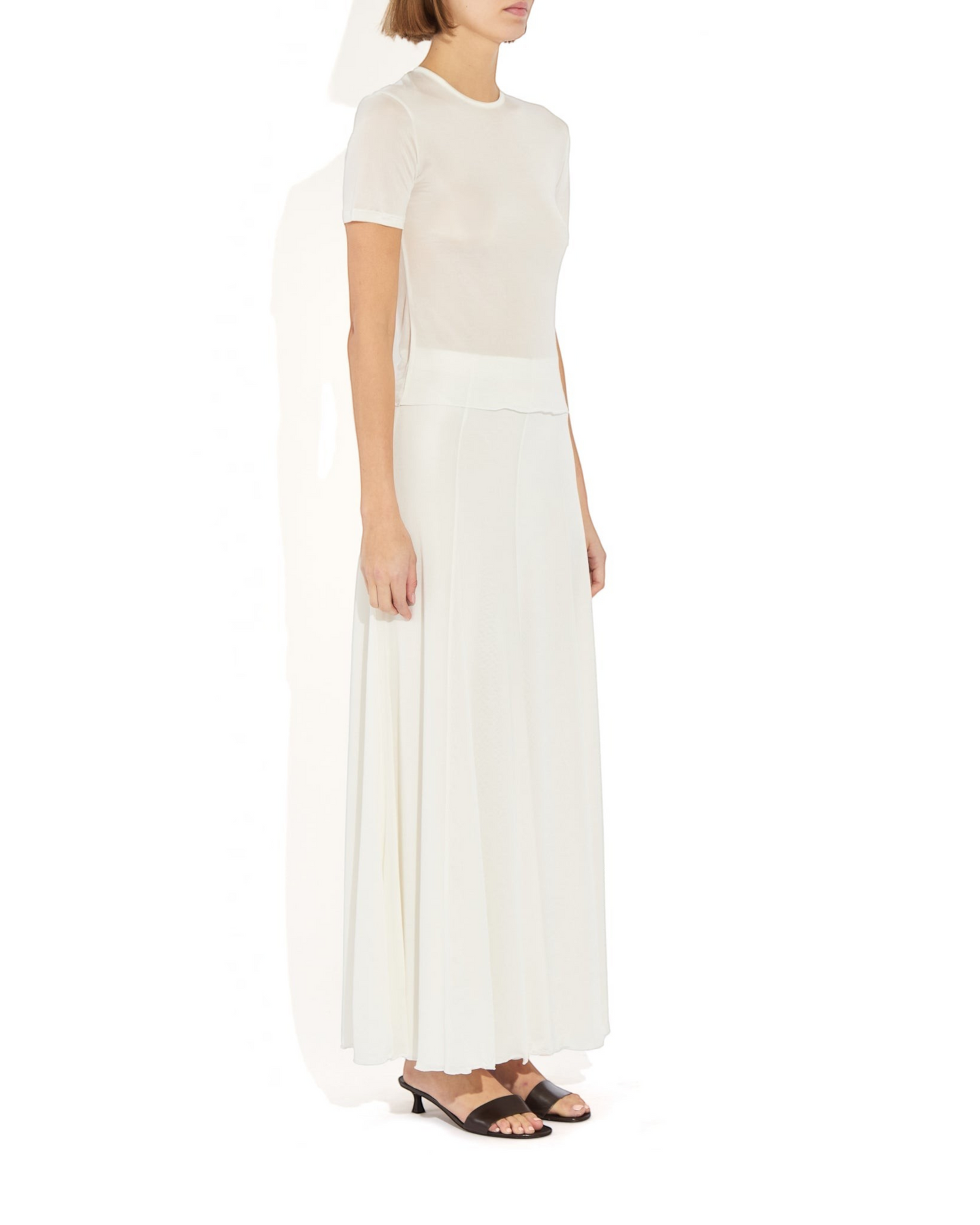 Weldun white semi-sheer Olivia maxi skirt in soft lyocell with an elastic waistband and fluid paneled construction