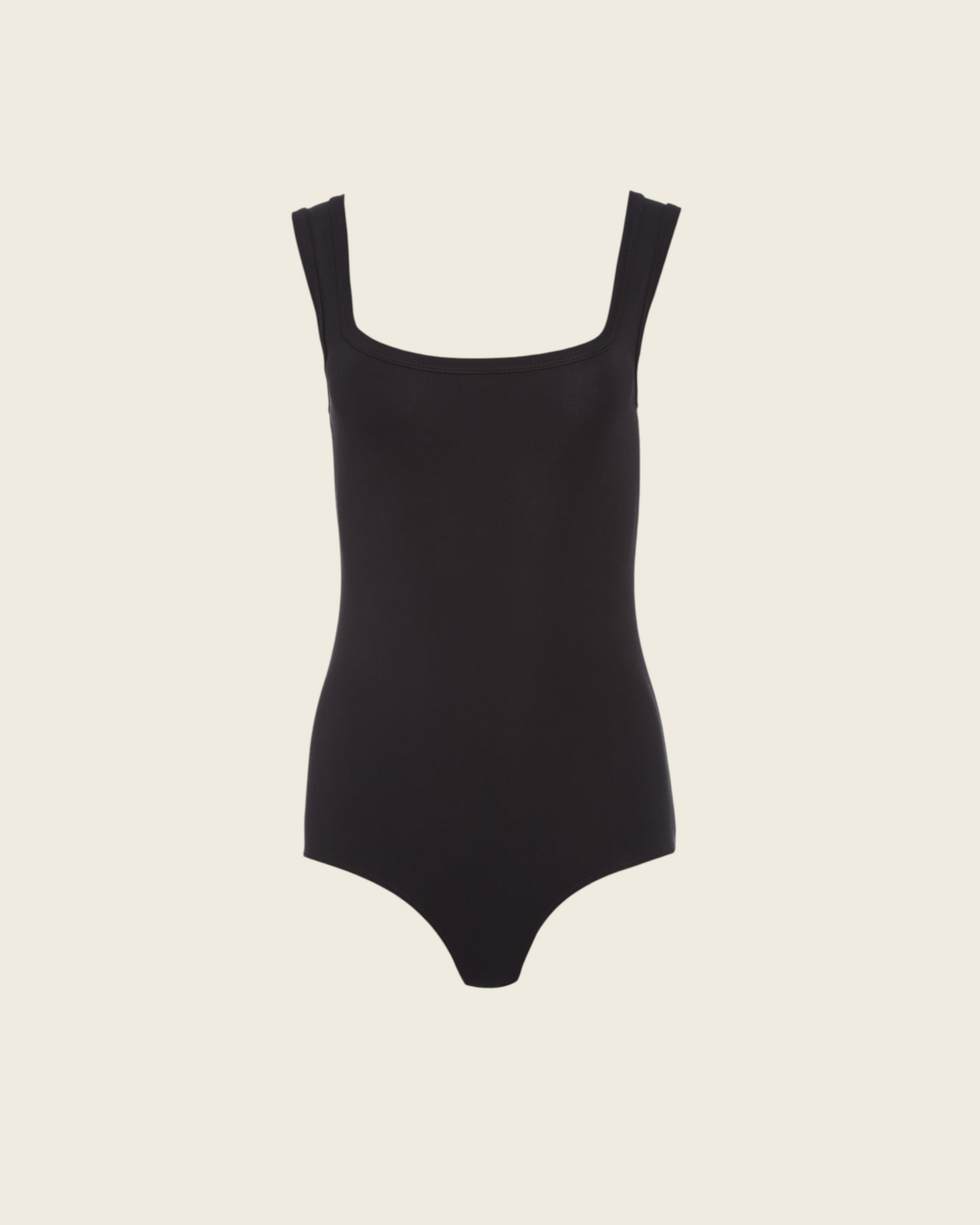 Weldun Shan black tank bodysuit with a scoop neckline and medium-thick straps in soft stretch MicroTencel fabric.