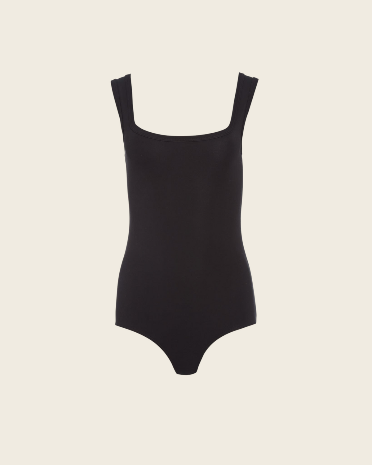 Weldun Shan black tank bodysuit with a scoop neckline and medium-thick straps in soft stretch MicroTencel fabric.