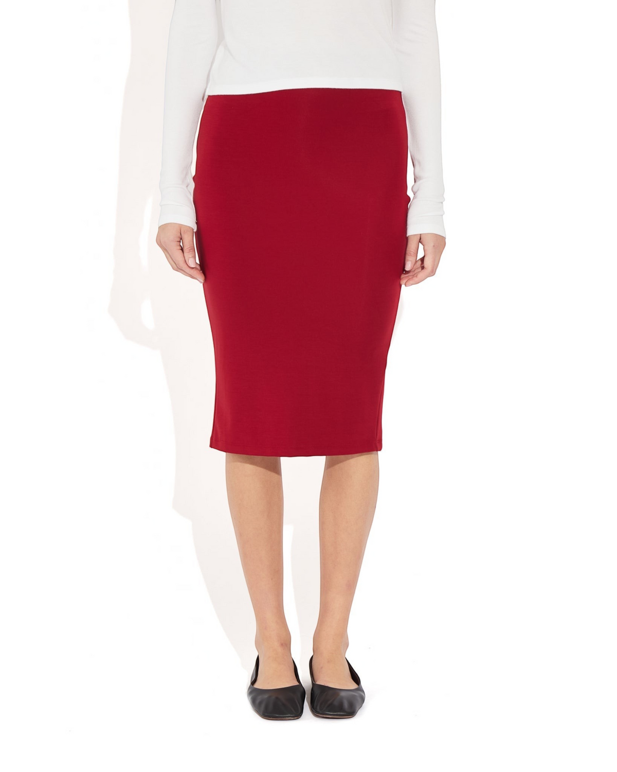 Weldun Sheryl Skirt in deep red MicroTencel fabric featuring a comfortable pull-on elastic waistband and pencil cut.