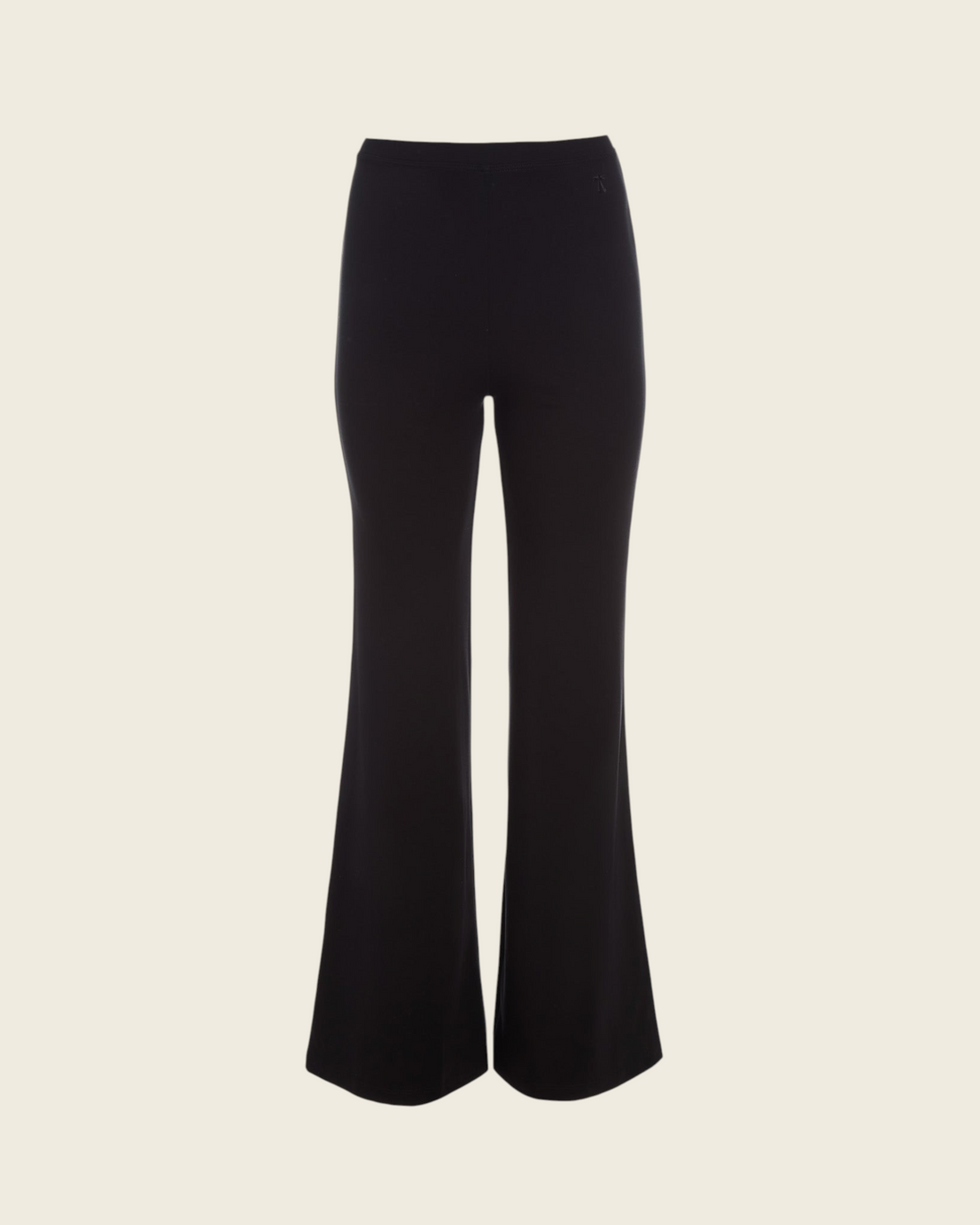 Weldun Tessa long black flare pants in soft breathable PYRATEX fabric with a high elasticated waistband.