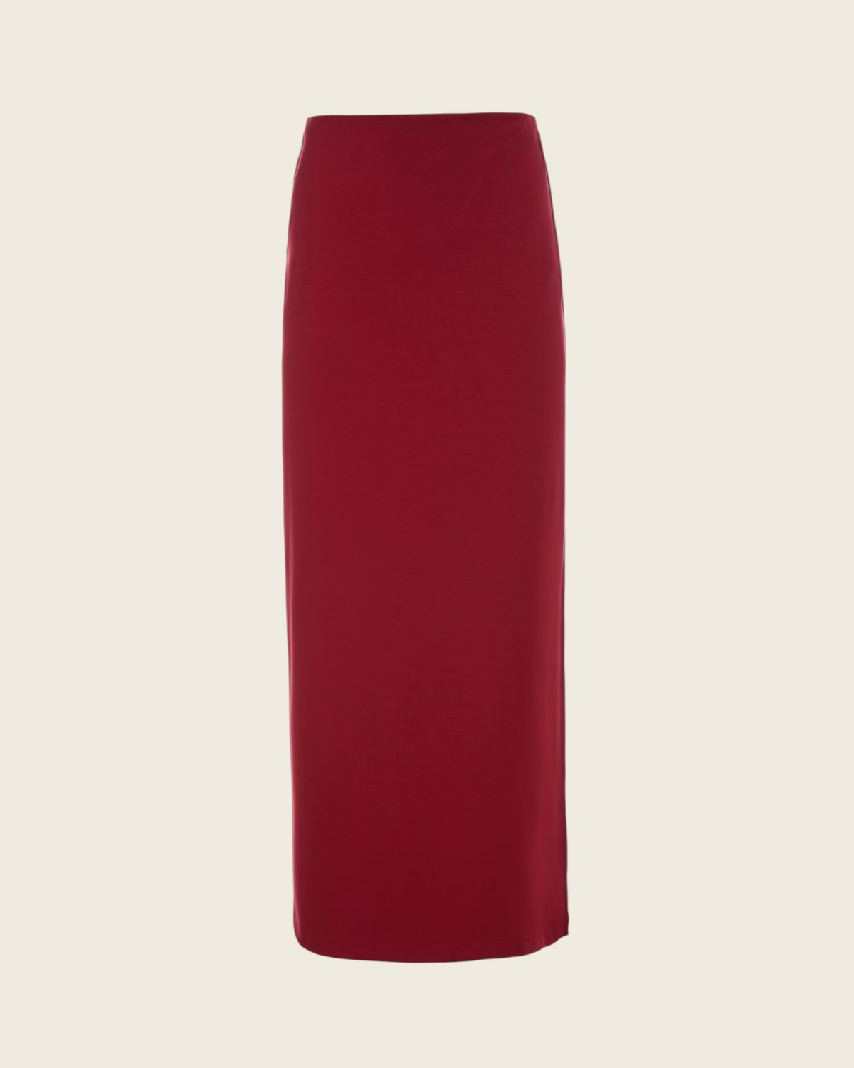 Weldun Ashley Skirt in deep red, a minimal pull-on column midi skirt made from soft, breathable stretch fabric.