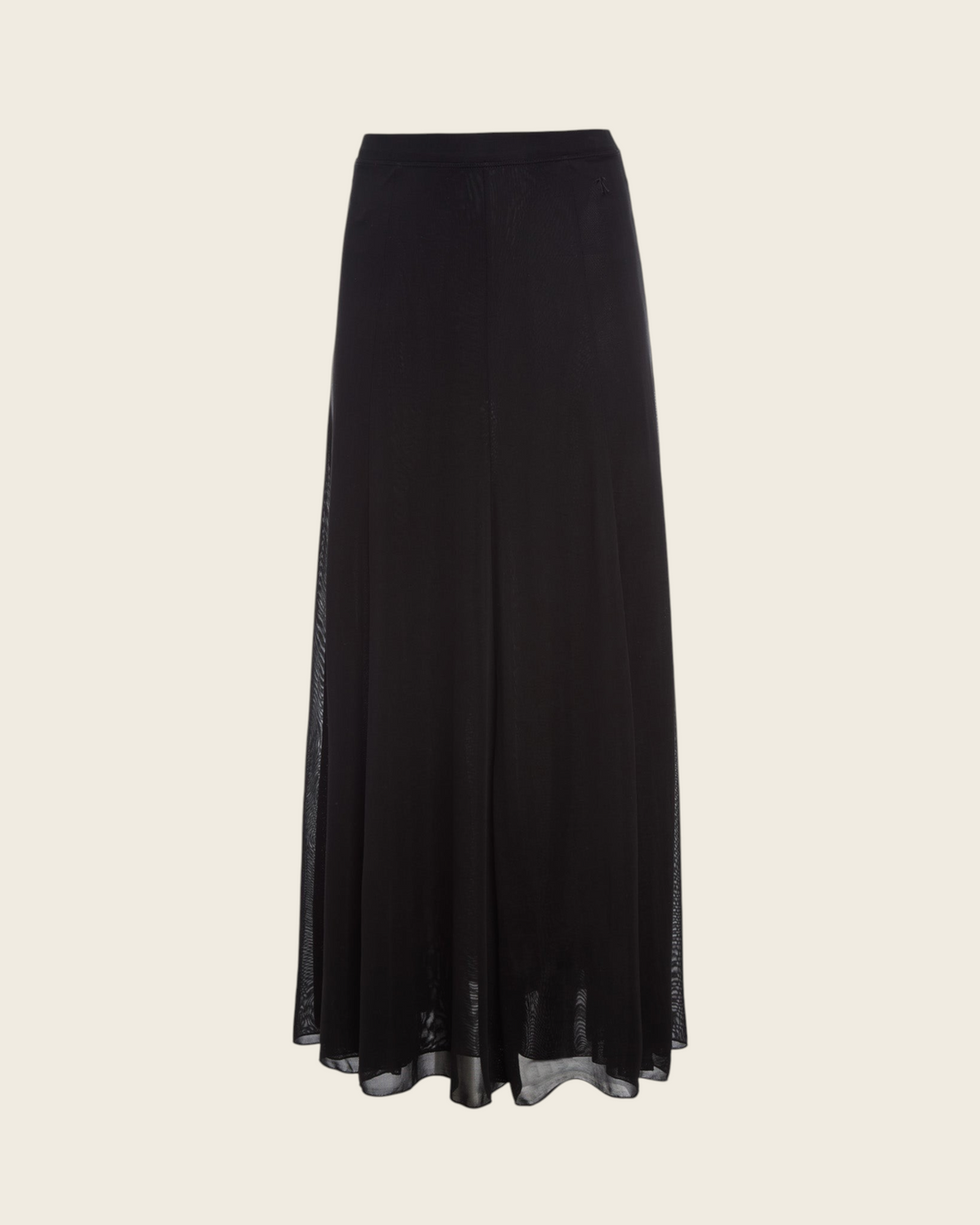 Weldun black semi-sheer Olivia maxi skirt with a fluid paneled design and comfortable elastic waistband.