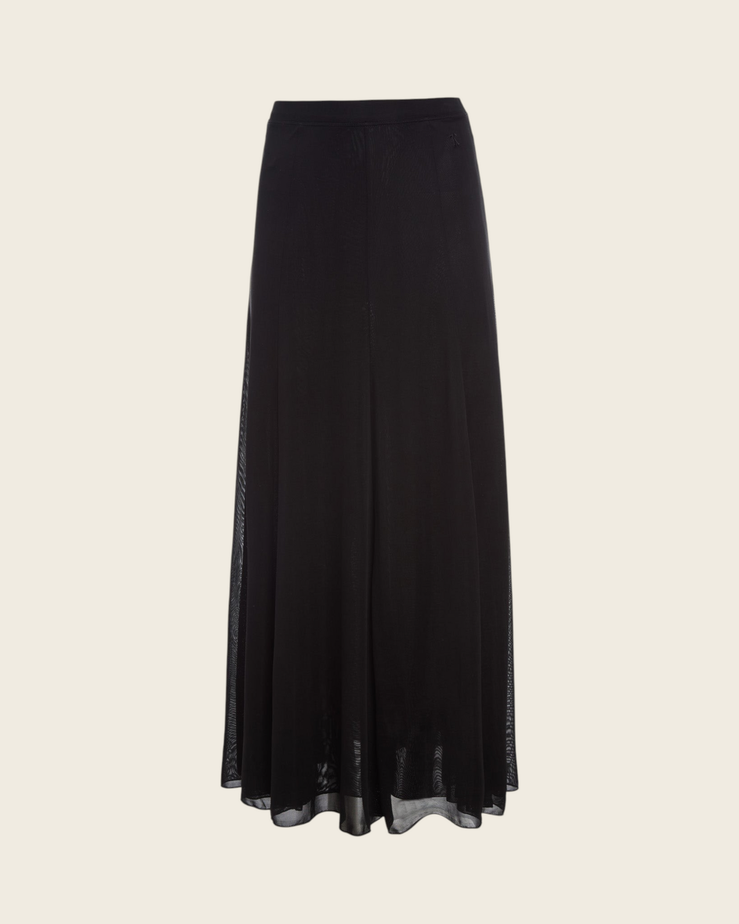 Weldun black semi-sheer Olivia maxi skirt with a fluid paneled design and comfortable elastic waistband.