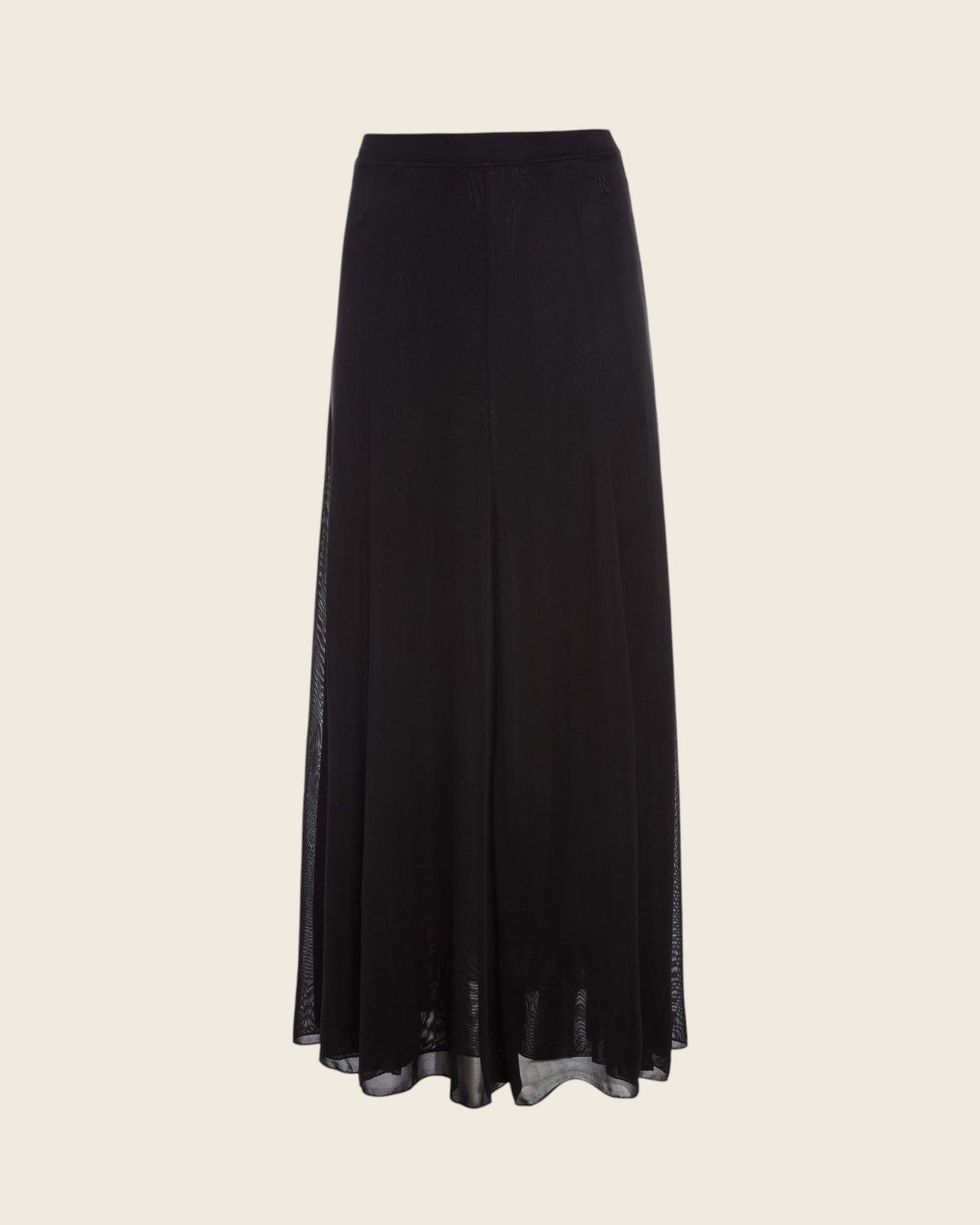 Weldun black semi-sheer Olivia maxi skirt with a fluid paneled design and comfortable elastic waistband.