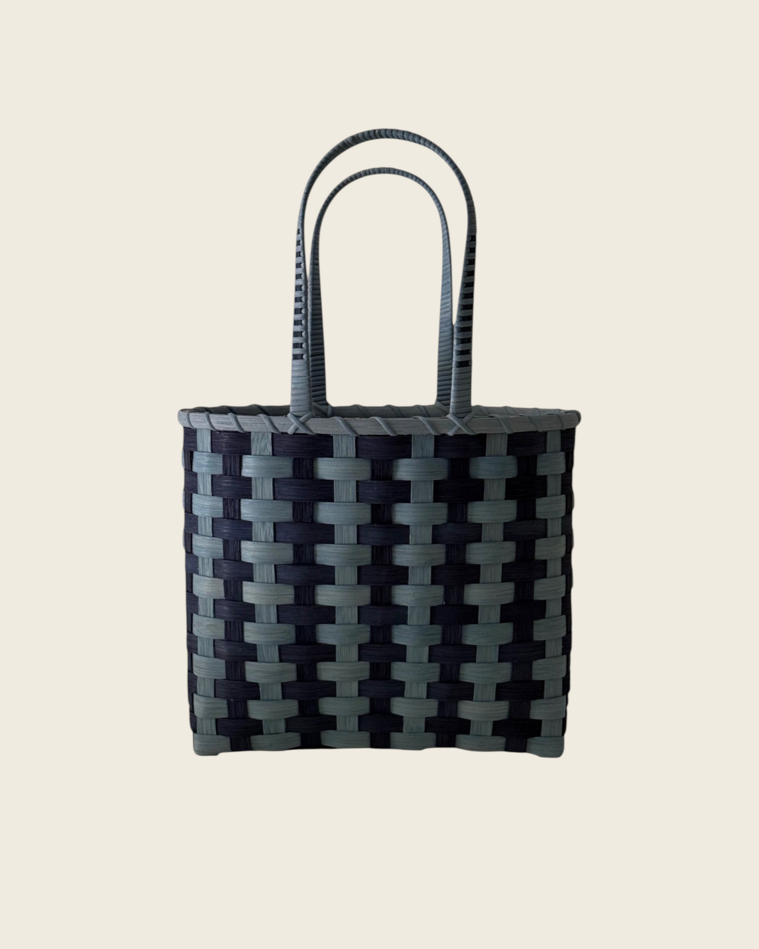 Weldun Retro-Striped Shoulder Basket in dark grey and black woven rattan with sturdy handles for shoulder carry.
