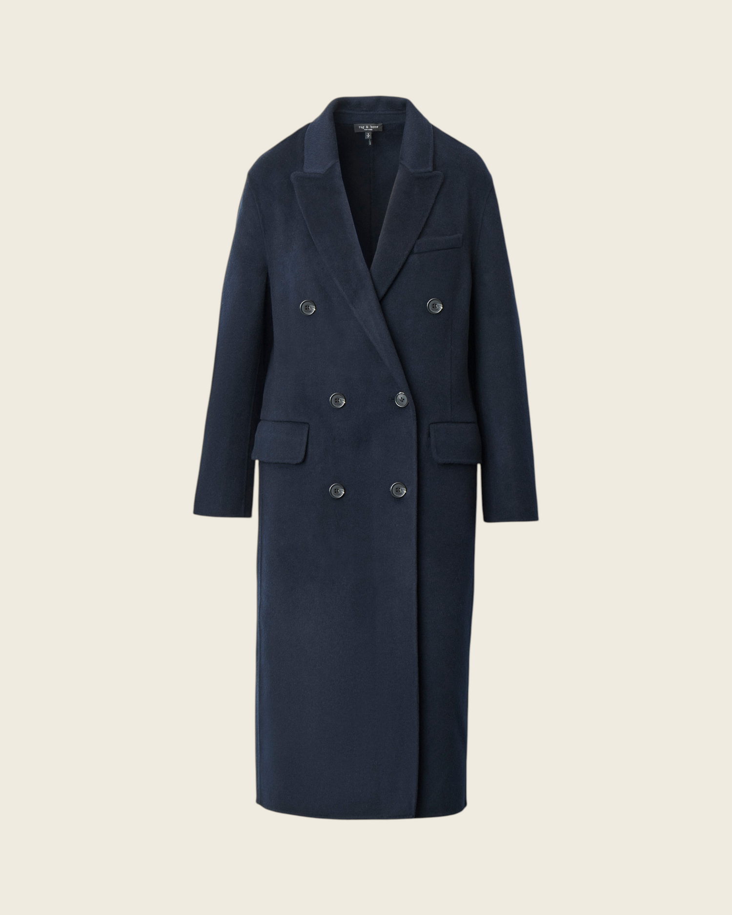 Weldun Vasso Coat in navy blue Italian wool and cashmere blend with a double-breasted button front design.