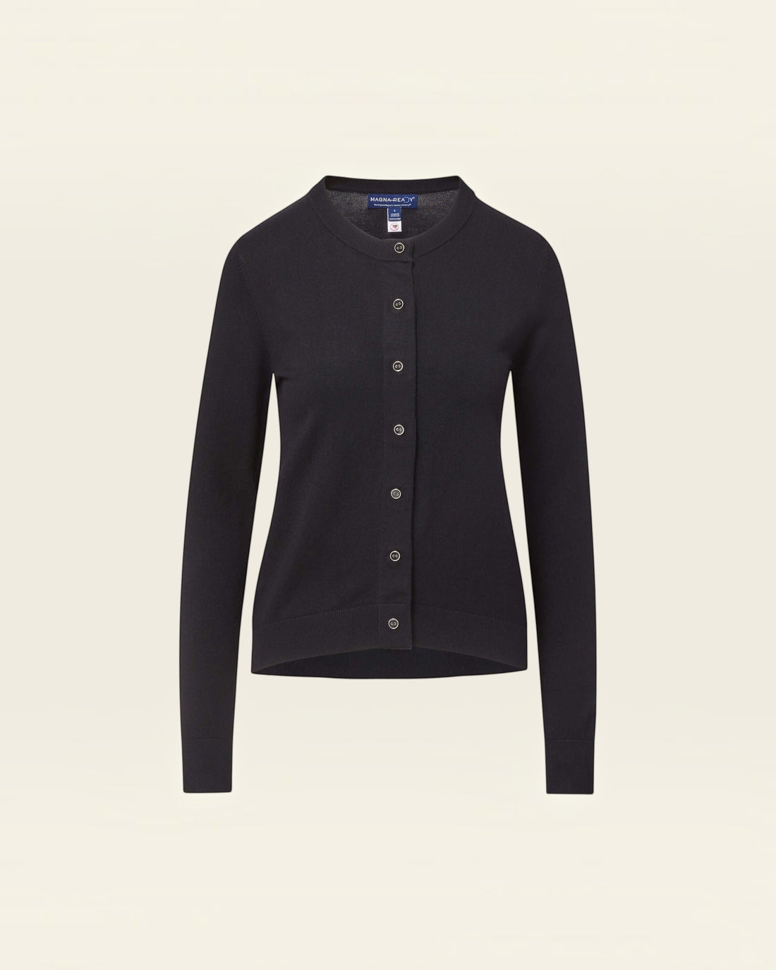 Weldun black adaptive knit cardigan with hidden magnetic front closures and faux buttons for easy dressing