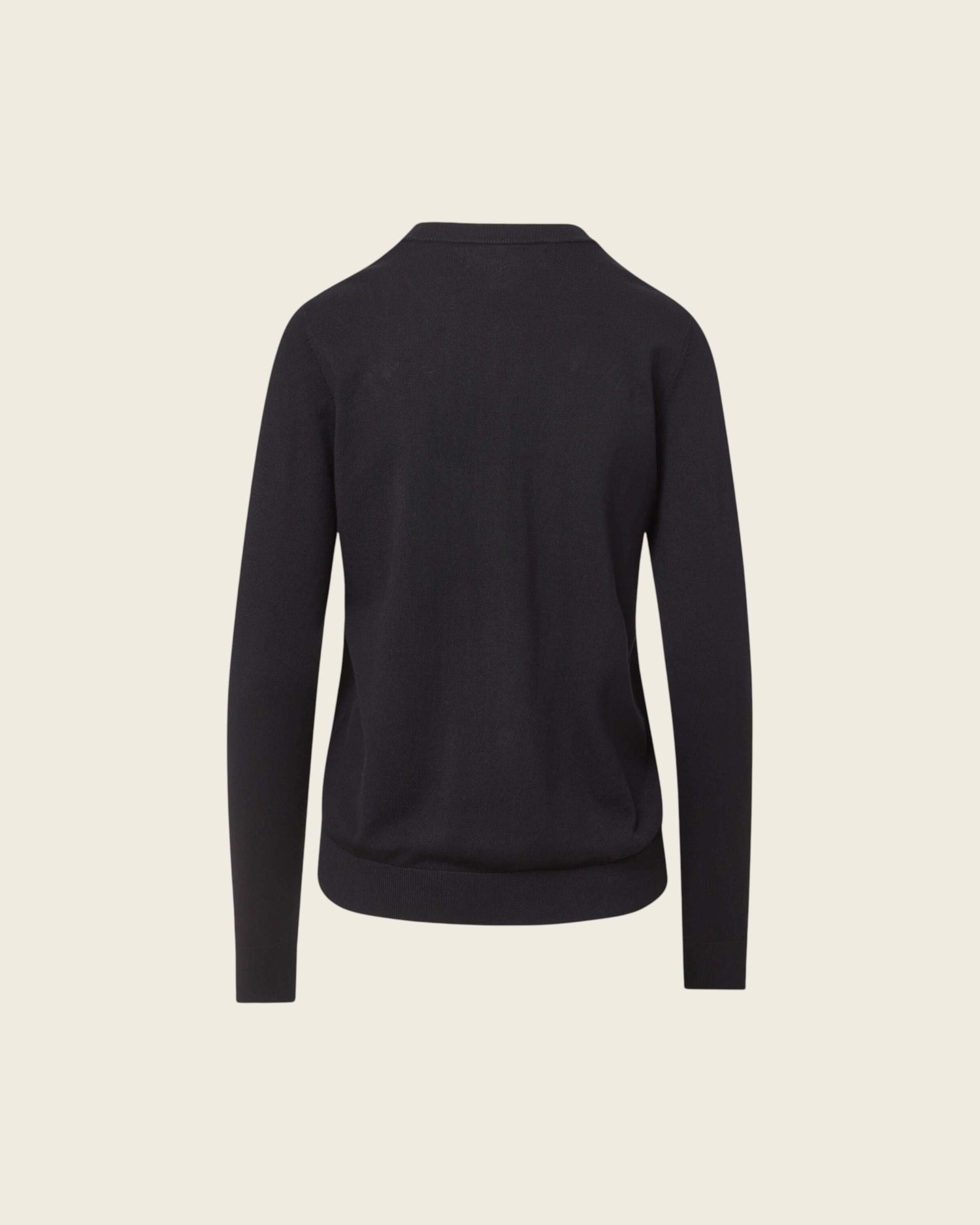 Weldun black adaptive knit cardigan sweater shown from the back, made from a soft rayon and nylon blend.
