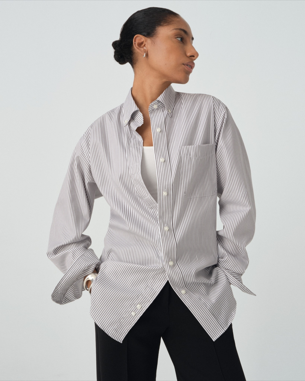 Magnetic Closure Button-Down in Grey Stripe