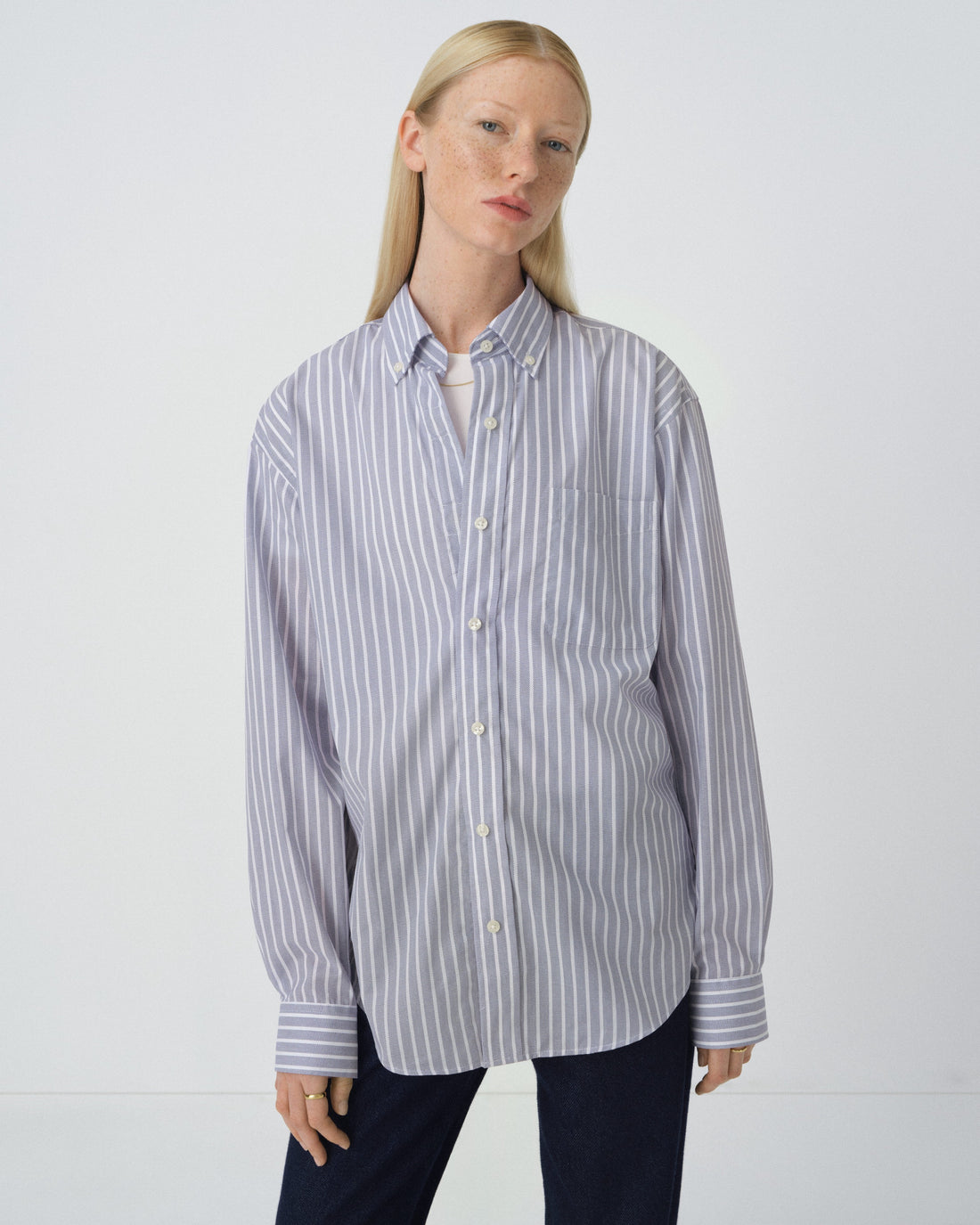 Stretch Long Sleeve Blue Stripe Button-Down Collar with Magnetic Closures