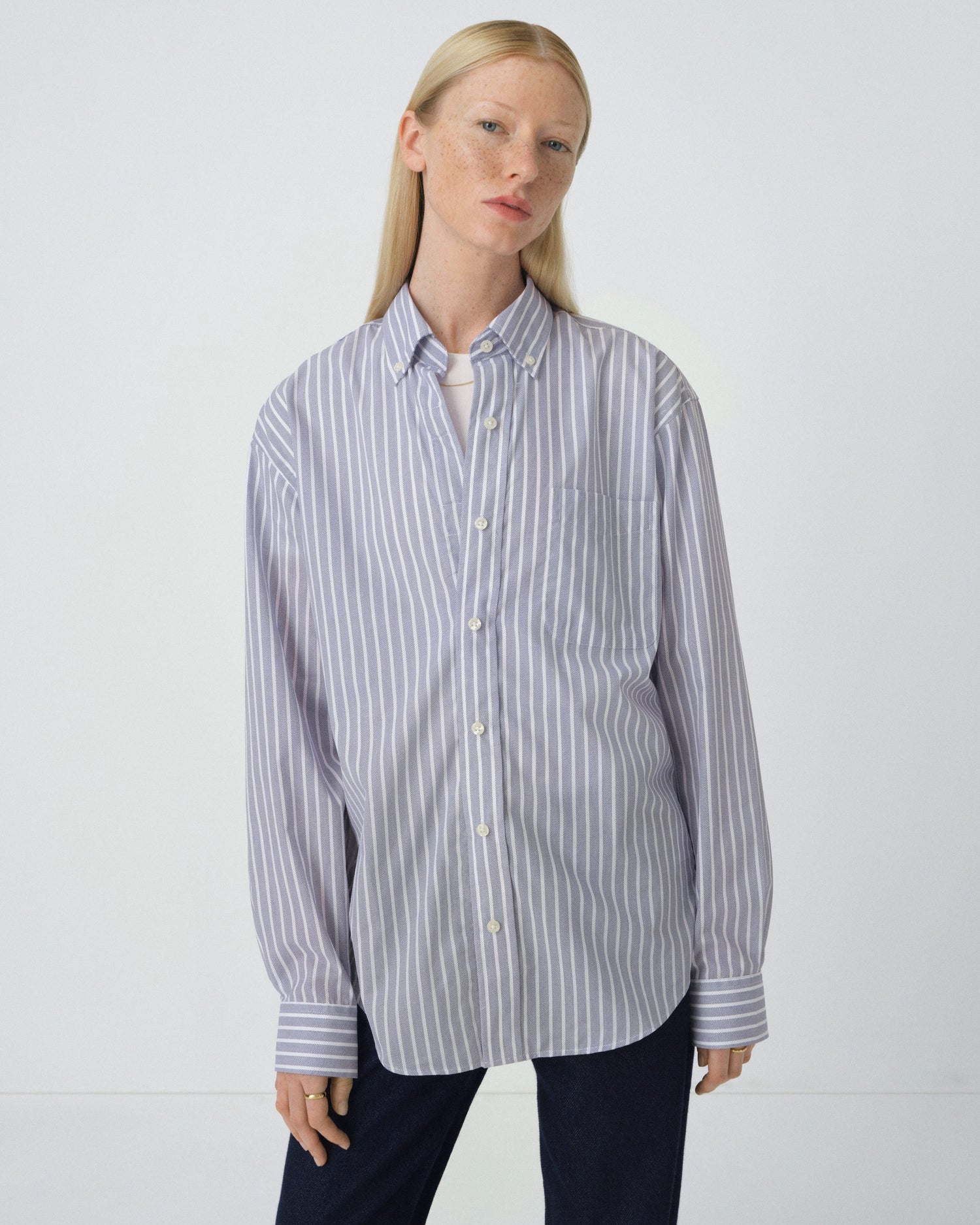 Stretch Long Sleeve Blue Stripe Button-Down Collar with Magnetic Closures
