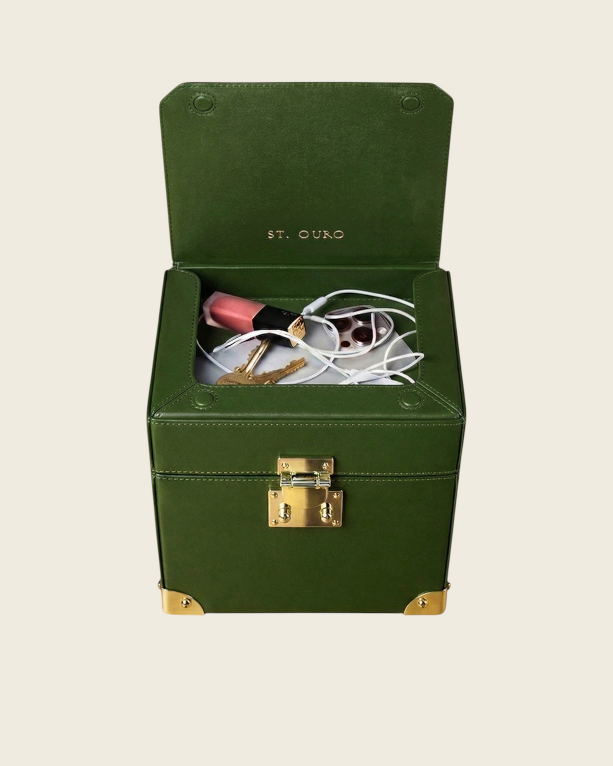 Weldun Themis breastmilk cooler in green nappa leather with gold hardware, showing the open top compartment.