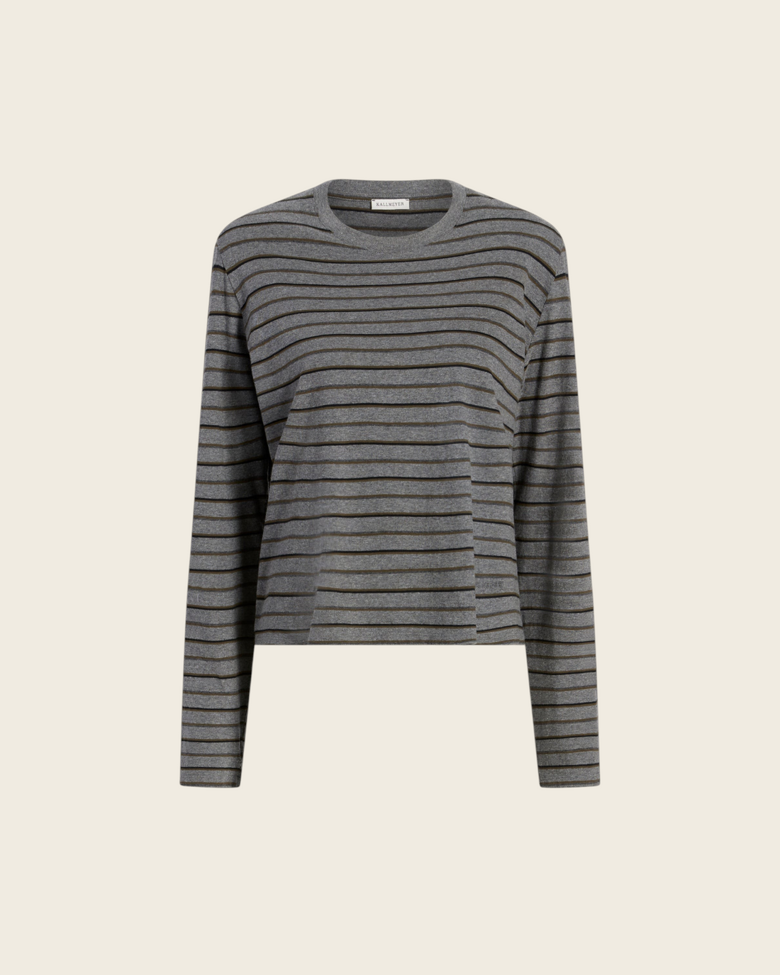 Weldun Wynn long sleeve charcoal striped cotton t-shirt with a relaxed boxy fit and cropped length.