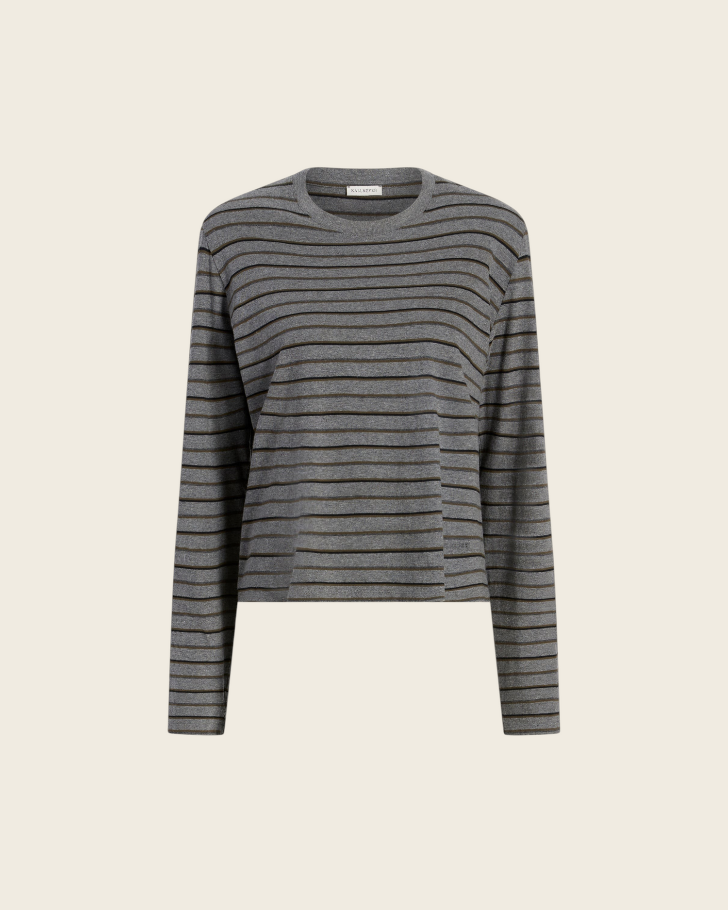 Weldun Wynn long sleeve charcoal striped cotton t-shirt with a relaxed boxy fit and cropped length.